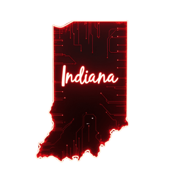 "Dark Image of Fiber Optic Internet Represented as the State of Indiana in Red with 'Indiana' Written"