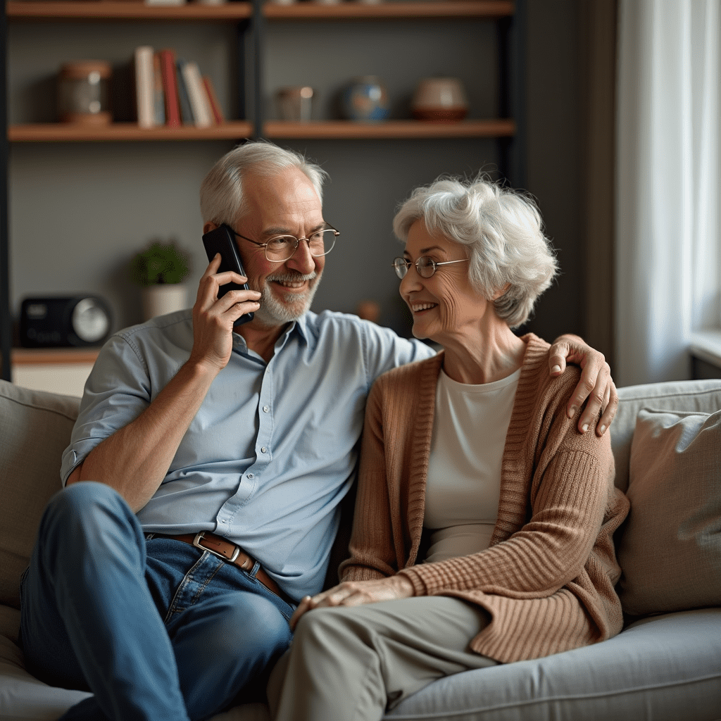 Older couple talking on home phone